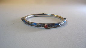 Early 20th C. Chinese Enamel With Coral Silver Bangle