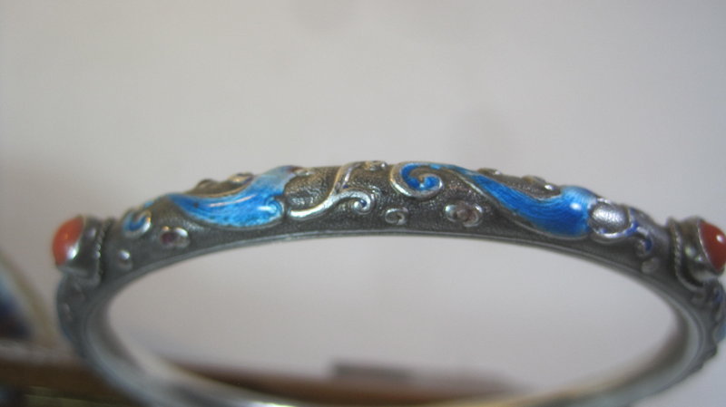 Early 20th C. Chinese Enamel With Coral Silver Bangle