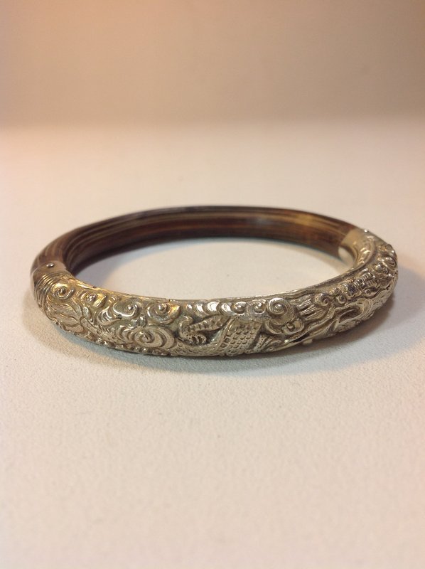 Late 19th C. Chinese Rattan Bamboo Silver Bangle Marked