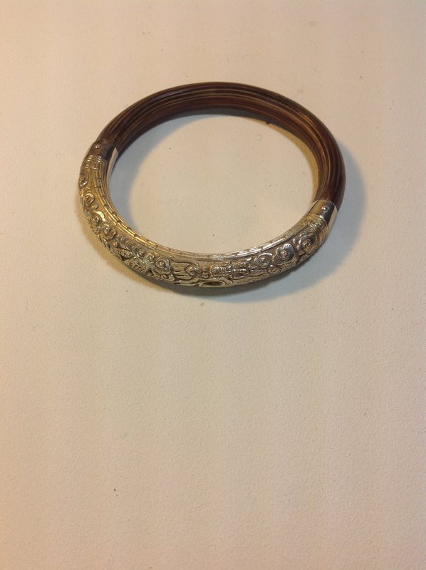Late 19th C. Chinese Rattan Bamboo Silver Bangle Marked