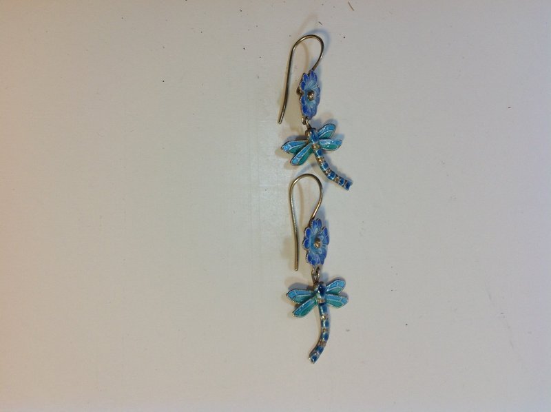 Pair Of Old Chinese Silver Enamel Dragonfly Earrings