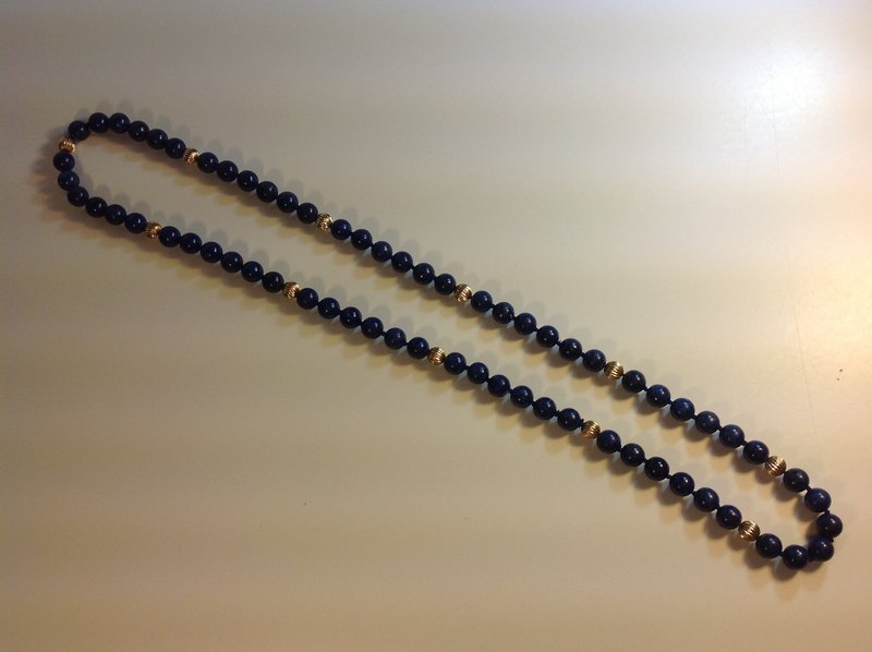 A Vintage Lapis Beads Necklace With 14K Gold Beads