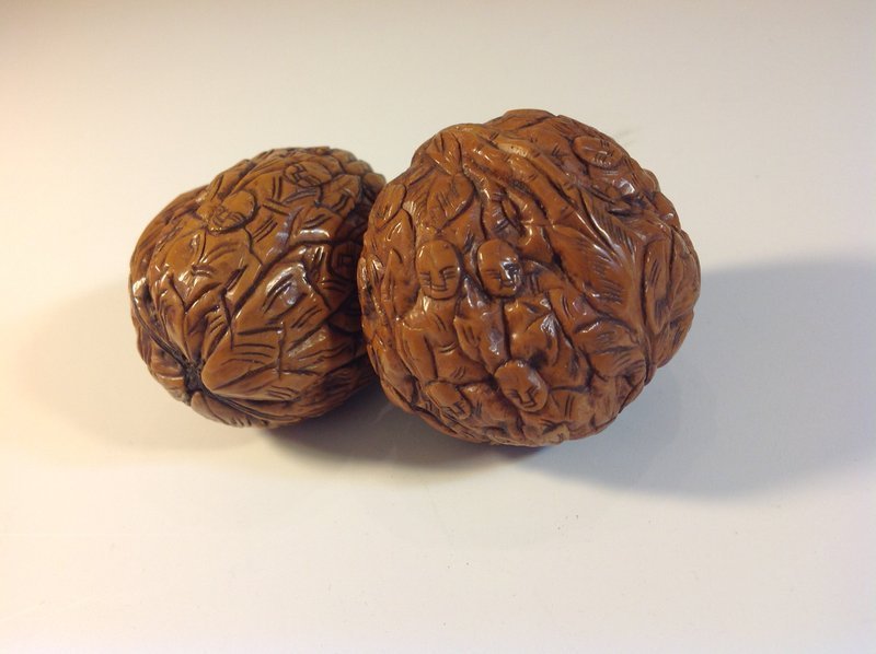 Pair of 19th C. Chinese Walnut Shell 18 Monks Carving