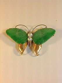 Beautiful Vintage Chinese Jadeite Butterfly Brooch 14k