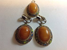 Vintage Chinese Silver Enamel Amber Earring & Pendant