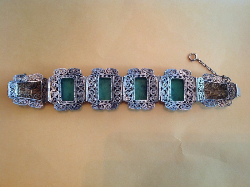 Beautiful Antique Chinese Gold Washed Silver W Jadeite Bracelet MK