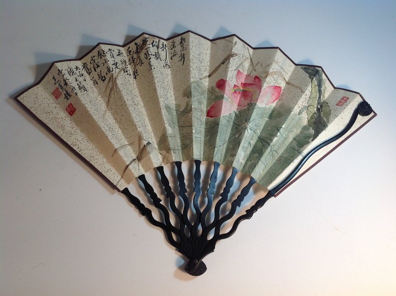 Beautiful Old Chinese Paper Fan With Zitan Wood Handle &amp; Old Case
