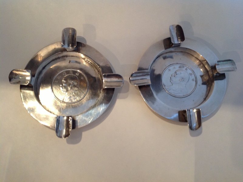 Two Nice Early 20th C. Chinese Export Silver Ash trays With Coin MK