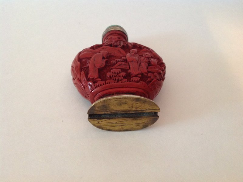 18th C. Chinese Red Lacquer Snuff bottle With Original Spoon