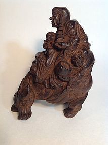 Early 18th C. Chinese Bamboo Carved Three Monks Riding On Buffalo