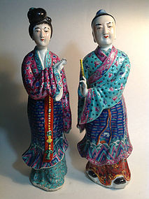 Pair Of Early 20th C. Chinese Famille Rose Porcelain Figurines Mark