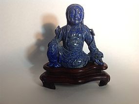 19th C. Chinese Lapis Lazuli Carved Buddha With Wooden Stand