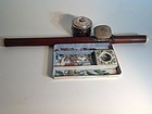 19th C. Chinese Bamboo Opium Pipe W Porcelain tray & Silver Lamp