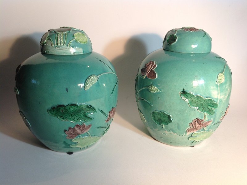 Pair 19th/20th C. Chinese Large Size Porcelain Susancai Lidded Jars