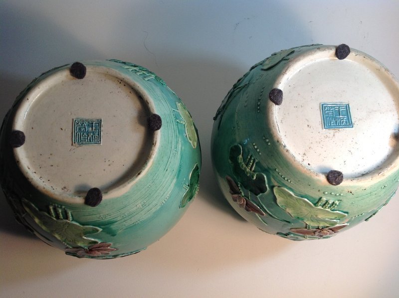 Pair 19th/20th C. Chinese Large Size Porcelain Susancai Lidded Jars