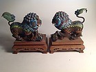 Pair Of Early 20th C. Chinese Silver Enamel Lions With Wooden Stand