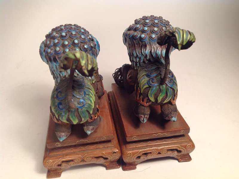 Pair Of Early 20th C. Chinese Silver Enamel Lions With Wooden Stand