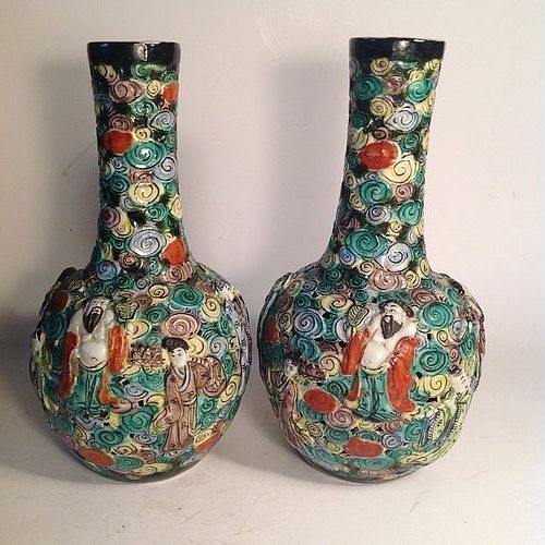 Pair Of 19/20th C.Chinese Biscuit Porcelai Eight Immortals Carve Vase