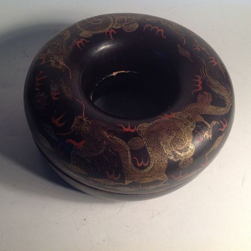 Late 19th C. Chinese Black Lacquer Court Necklace Box W/Gold Dragons