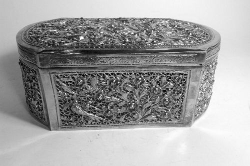 19/20th C. Chinese Export Silver Box With Flower  And Birds Marked