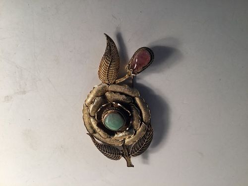 Vintage Chinese Pink Tourmaline Sterling Silver Flower Brooch Marked