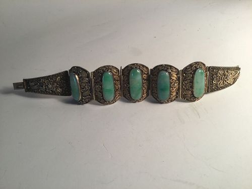 A Beautiful Chinese Antique Jadeite Silver Bracelet Signed