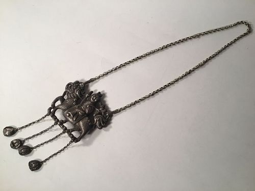 19/20th c. Chinese Silver Kirin Pendant With Boy and Chain