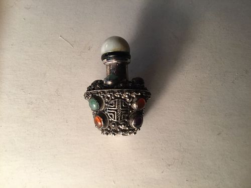 19th C. Chinese Silver Jade Stopper & Embellished Stones snuff bottle