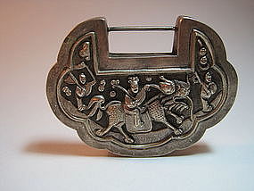 Early 20th C. Chinese Silver Lock Kylin necklac