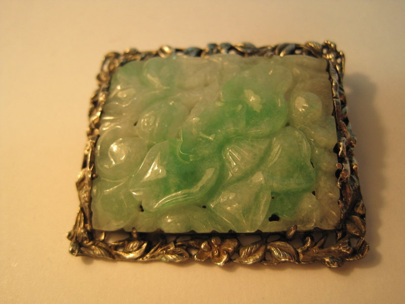 A Beautiful 18th C. Chinese Silver Mounted Jade Brooch