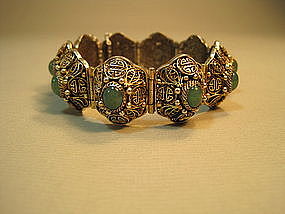 Early 20th C. Chinese Sterling Silver & Jade Bracelet