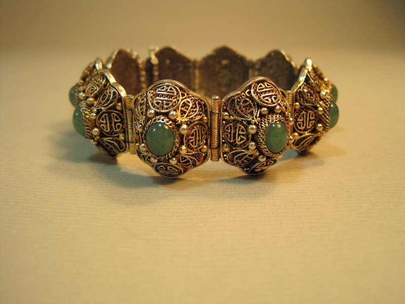 Early 20th C. Chinese Sterling Silver &amp; Jade Bracelet