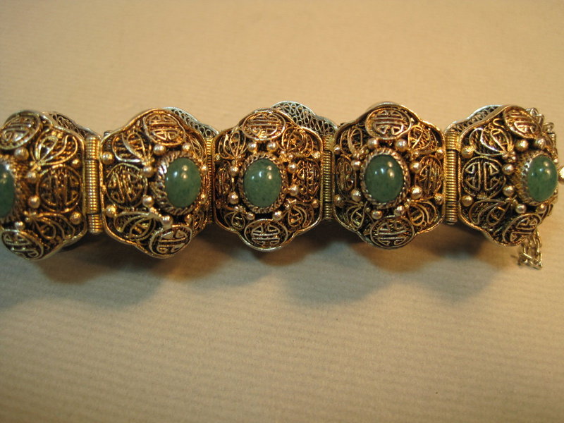 Early 20th C. Chinese Sterling Silver &amp; Jade Bracelet