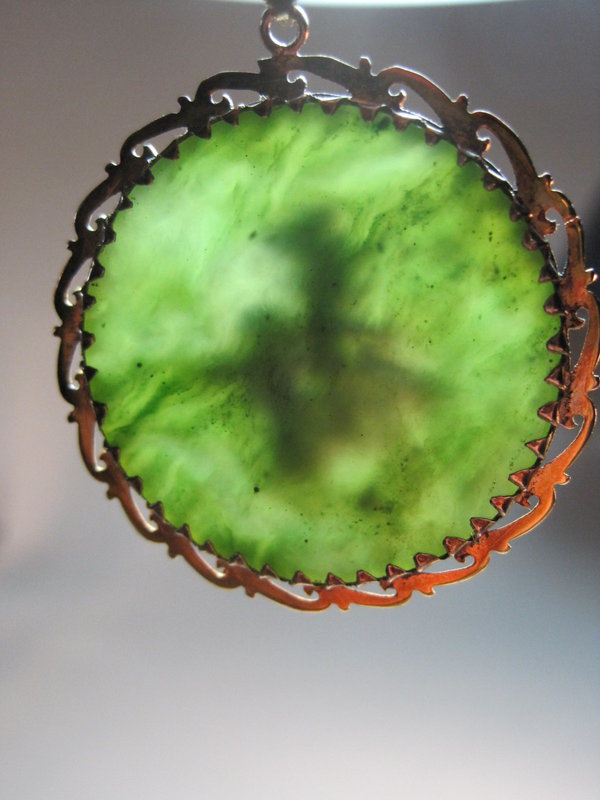 Chinese Spinach Green Jade Pendant Mounted on Silver