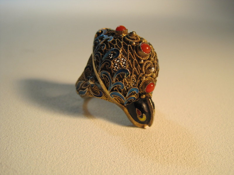 An Early 20th C. Chinese Filigree Silver Enamel Ring