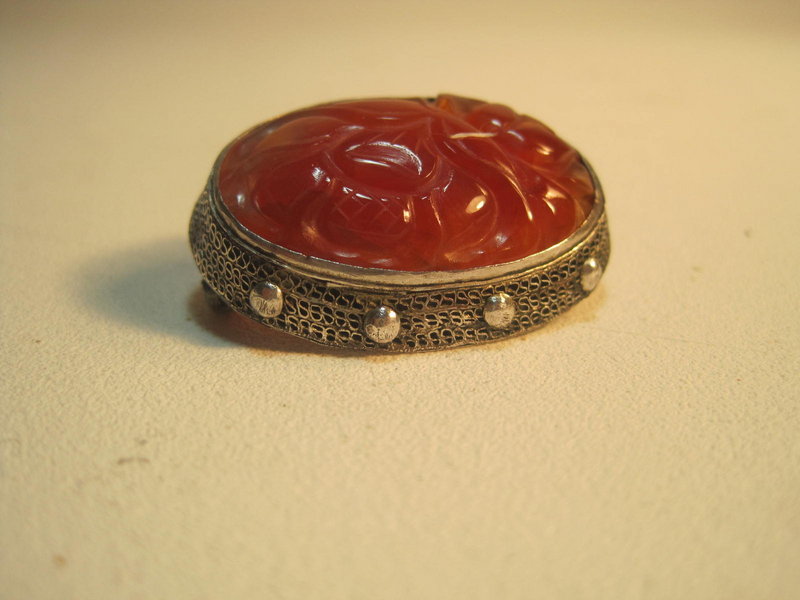 A Beautiful Vintage Chinese Silver Carnelian Brooch