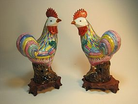 Pair of 19th C. Chinese Export Famille Rose Roosters