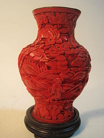 19th C. Chinese Red Lacquer Cinnabar Carved Vase