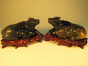 Pair of 19th/20th C. Chinese Jade Stone Oxen