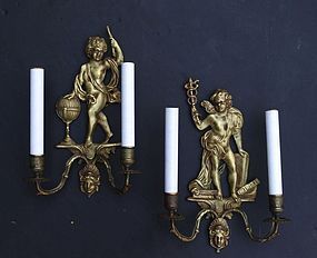 French Empire Bronze Figural Wall Sconces, 19th C.