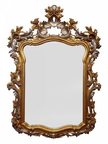 Italian Rococo-Style Carved Wood Gilded and Silvered Mirror, 20th C