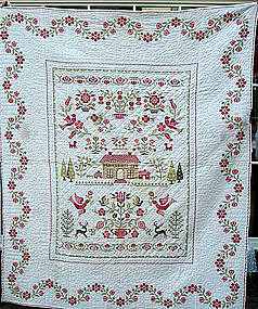 American Embroidered and Pieced Cotton Quilt, 19th C