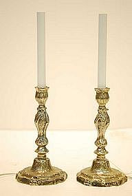 Pair of Louis XV-Style Silver Plated Candlestick Lamps