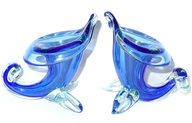 Murano SEGUSO Cobalt Blue Cornucopia Vases Set of 2