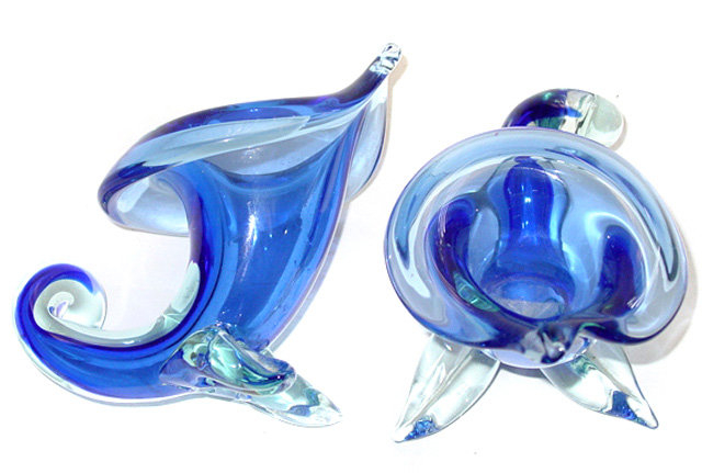 Murano SEGUSO Cobalt Blue Cornucopia Vases Set of 2