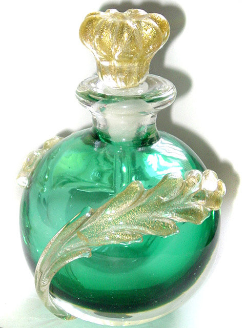Murano SEGUSO Green Applied GOLD LEAFS PERFUME + Labels