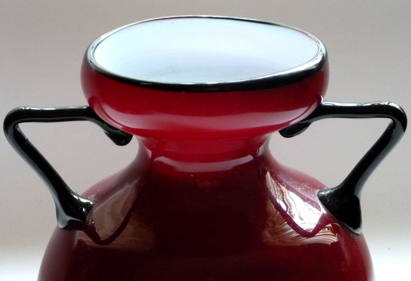 Murano TOSO Deep RED Black Rim Handles HYACINTH Vase