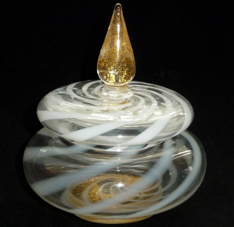 Murano WHITE Optic Swirl GOLD FLECKS Vanity Powder Box