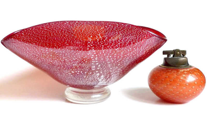 BAROVIER Murano SILVER FLECKS Iridescent Red Large Bowl