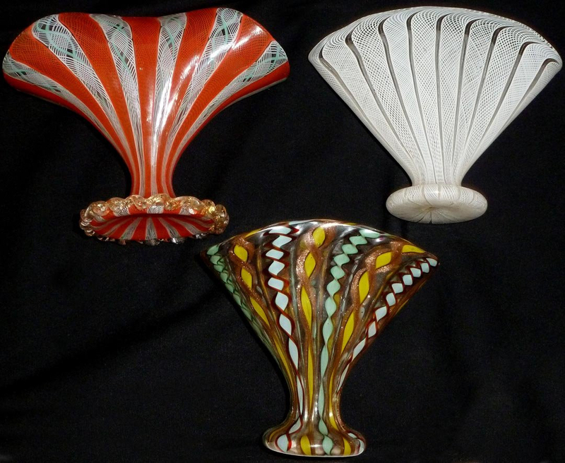 Murano White ZANFIRICO Net Ribbons FAN Shape Blown Vase